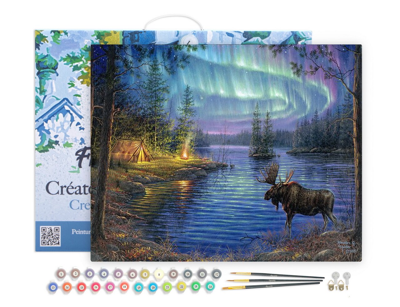 Figured'Art Paint by Numbers for Adults with Frame Moose and aurora borealis 16"x20" - Craft Art Painting DIY Kit Canvas Already Stretched on a Wooden Frame
